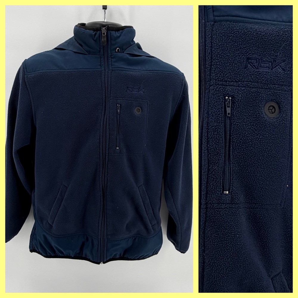 Reebok RBK Fleece Jacket Mens Large Navy Blue Hooded Full Zip Techwear RPX 798